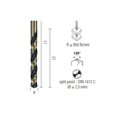 Grąžtas plienui ECEF GOLD/BL. HSS-G M2 DIN 338 9.50 mm
