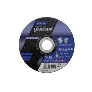 Norton pjovimo diskas A30S-BF41 125x2.5x22.23 VULCAN METAL/INOX Norton pjovimo diskas A30S-BF41 125x2.5x22.23 VULCAN METAL/INOX